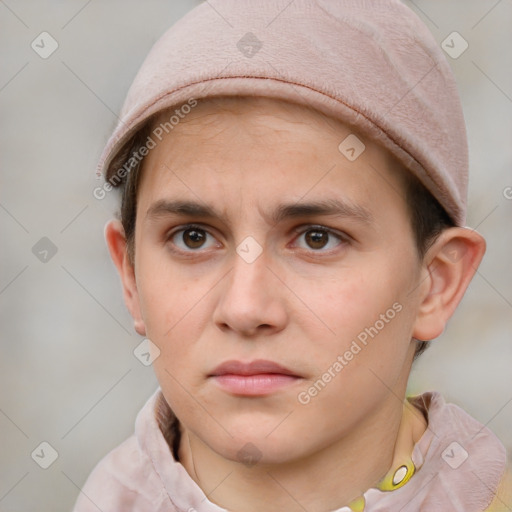 Neutral white young-adult female with short  brown hair and grey eyes