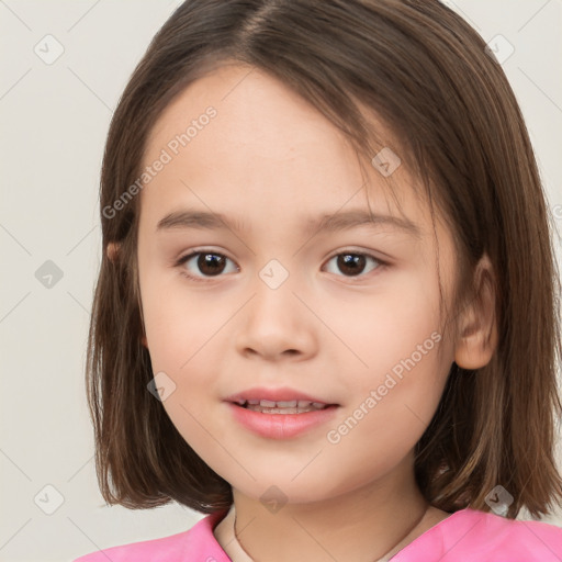 Joyful white child female with medium  brown hair and brown eyes