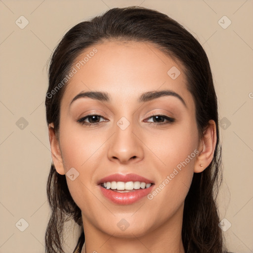 Joyful white young-adult female with long  brown hair and brown eyes