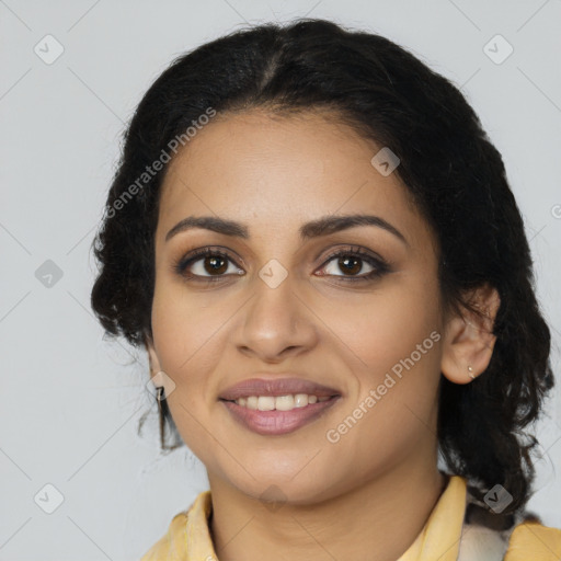 Joyful latino young-adult female with medium  black hair and brown eyes