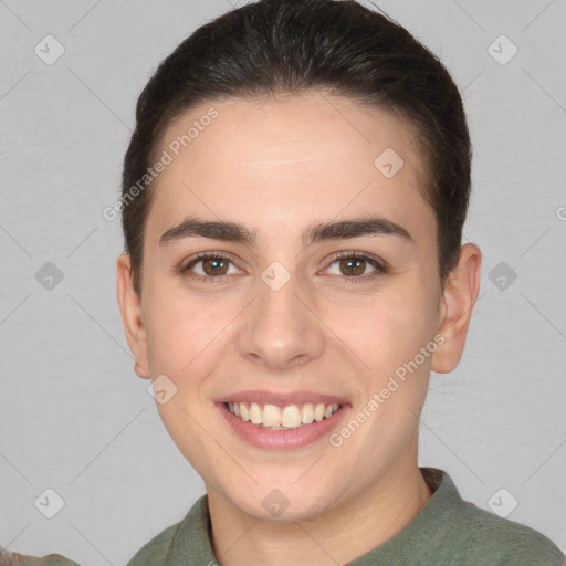 Joyful white young-adult female with short  brown hair and brown eyes