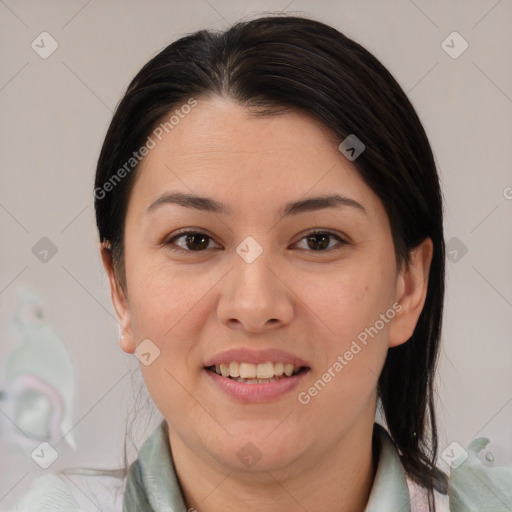 Joyful white young-adult female with medium  brown hair and brown eyes