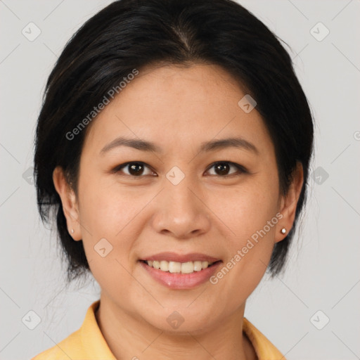 Joyful white young-adult female with medium  brown hair and brown eyes