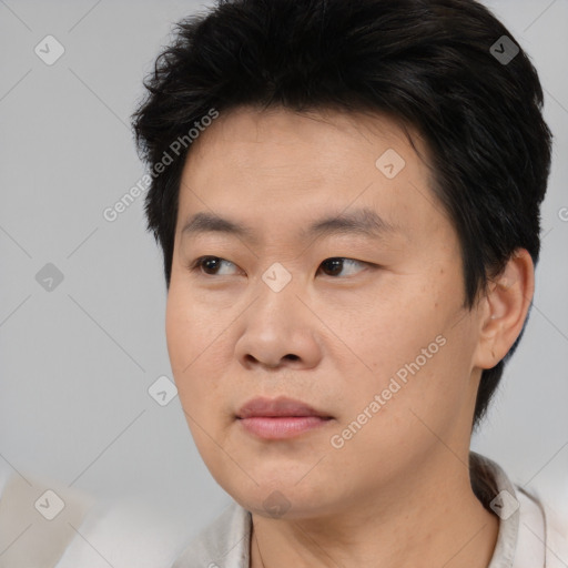 Joyful asian young-adult male with short  brown hair and brown eyes