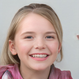 Joyful white child female with medium  brown hair and blue eyes