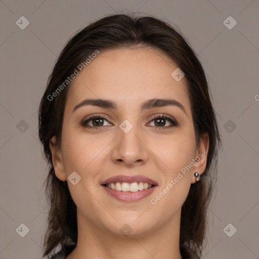 Joyful white young-adult female with medium  brown hair and brown eyes