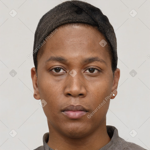 Neutral black young-adult male with short  black hair and brown eyes