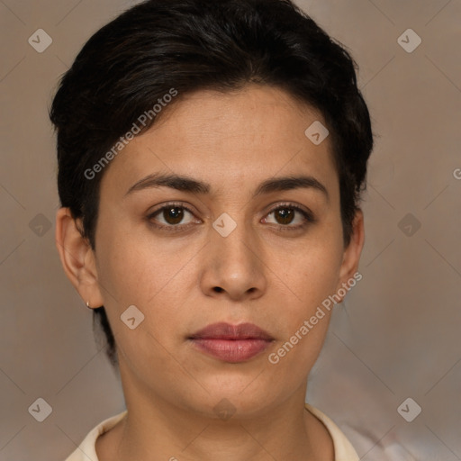 Joyful white young-adult female with short  brown hair and brown eyes