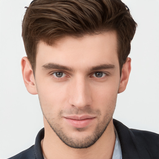 Neutral white young-adult male with short  brown hair and brown eyes