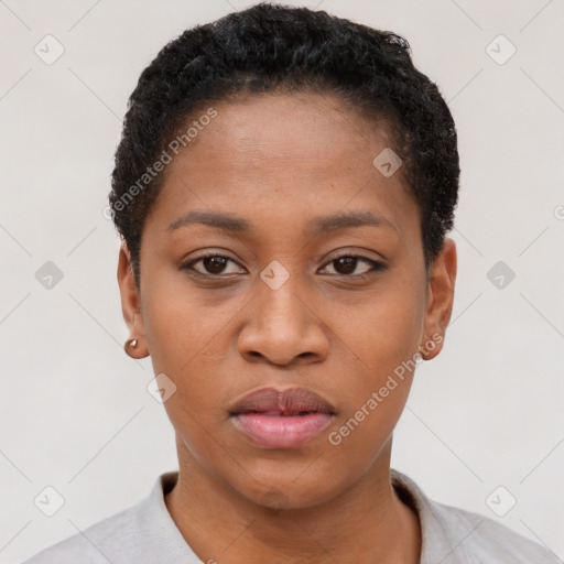 Neutral black young-adult female with short  black hair and brown eyes