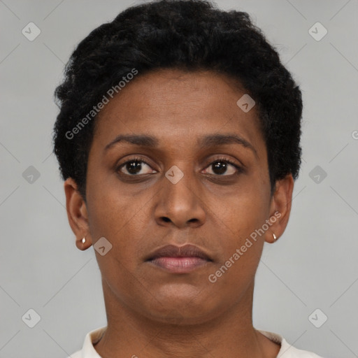 Neutral black young-adult female with short  brown hair and brown eyes