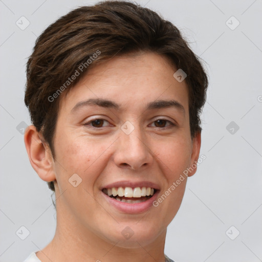 Joyful white young-adult female with short  brown hair and grey eyes