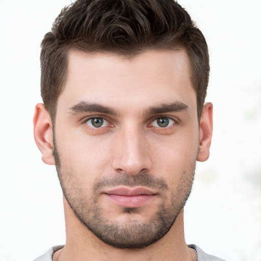 Neutral white young-adult male with short  brown hair and brown eyes