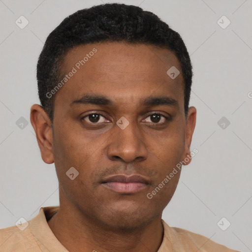 Neutral black young-adult male with short  black hair and brown eyes