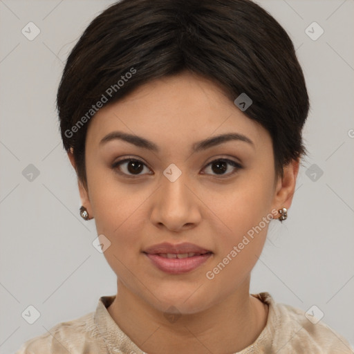 Joyful asian young-adult female with short  brown hair and brown eyes