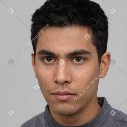 Neutral asian young-adult male with short  black hair and brown eyes