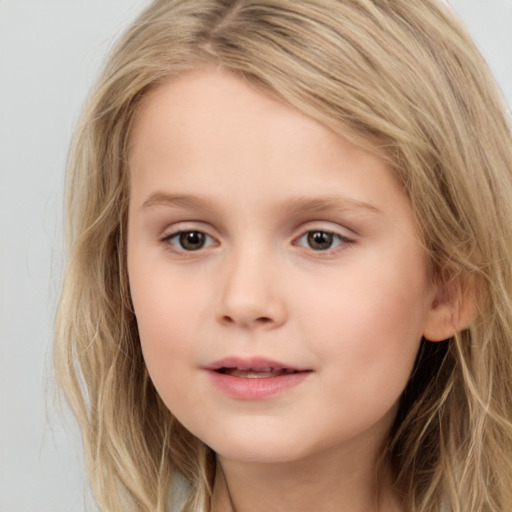 Joyful white child female with medium  brown hair and grey eyes