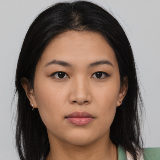 Neutral asian young-adult female with long  black hair and brown eyes