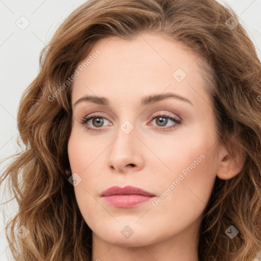 Joyful white young-adult female with long  brown hair and green eyes