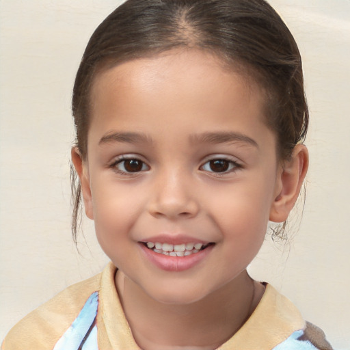 Joyful white child female with medium  brown hair and brown eyes