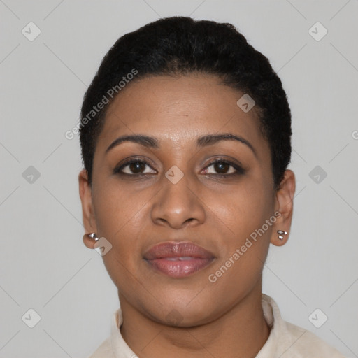 Joyful latino young-adult female with short  black hair and brown eyes