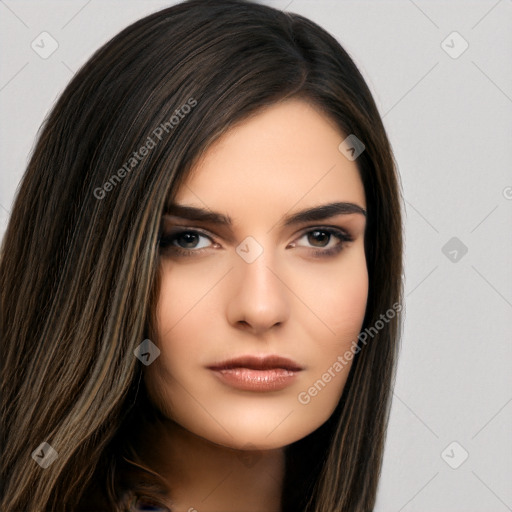 Neutral white young-adult female with long  brown hair and brown eyes