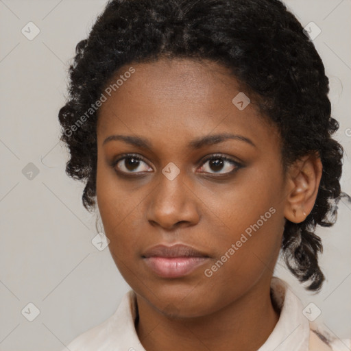 Neutral black young-adult female with medium  brown hair and brown eyes