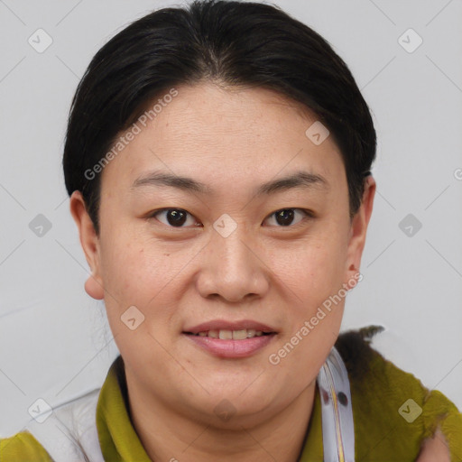 Joyful asian young-adult female with short  brown hair and brown eyes