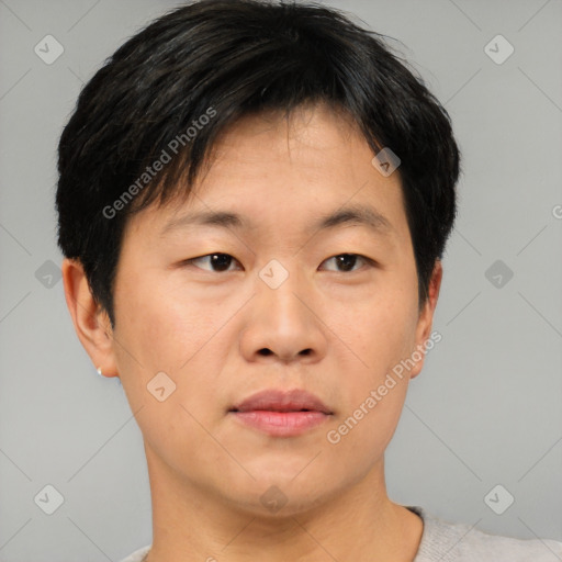 Neutral asian young-adult male with short  black hair and brown eyes