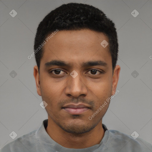 Neutral black young-adult male with short  black hair and brown eyes