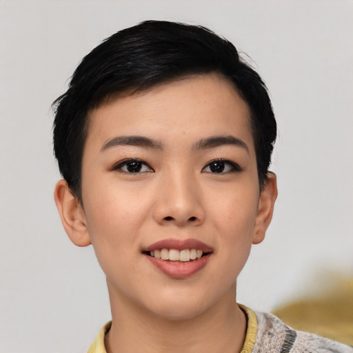Joyful asian young-adult female with short  black hair and brown eyes