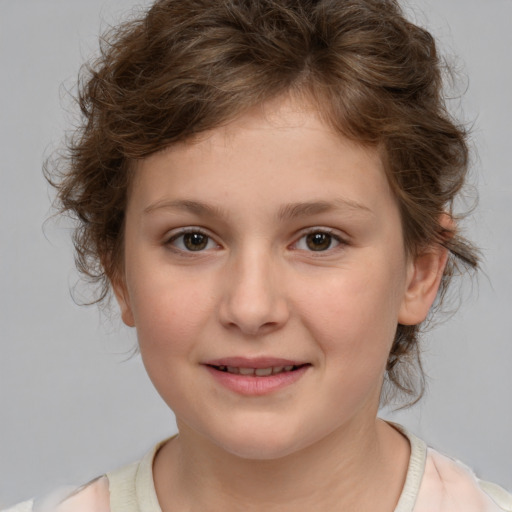 Joyful white child female with medium  brown hair and brown eyes