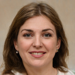 Joyful white adult female with medium  brown hair and grey eyes