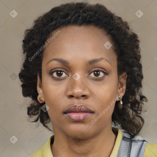 Joyful black young-adult female with medium  black hair and brown eyes