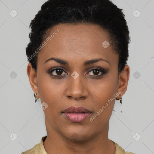 Joyful latino young-adult female with short  black hair and brown eyes