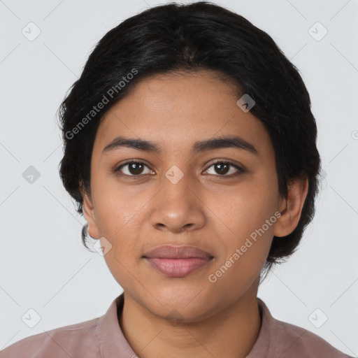 Joyful latino young-adult female with medium  black hair and brown eyes