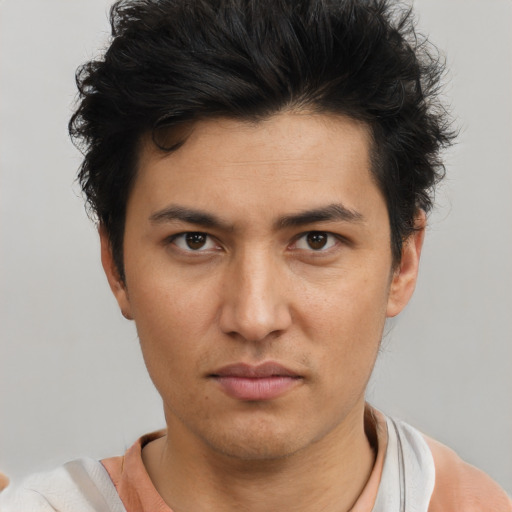 Neutral asian young-adult male with short  brown hair and brown eyes