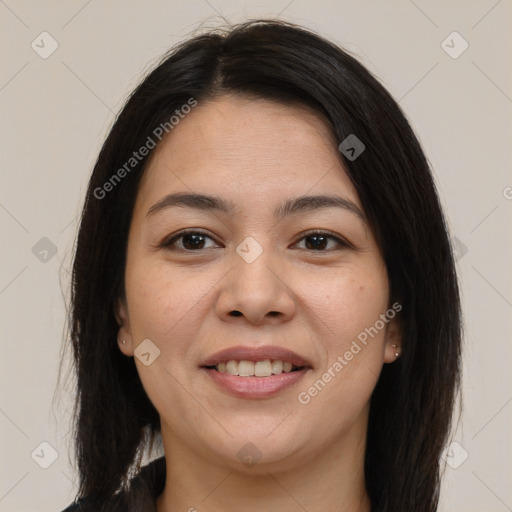 Joyful latino young-adult female with medium  brown hair and brown eyes