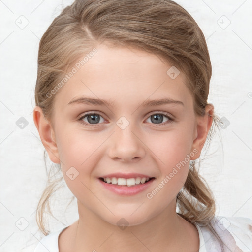 Joyful white child female with medium  brown hair and blue eyes