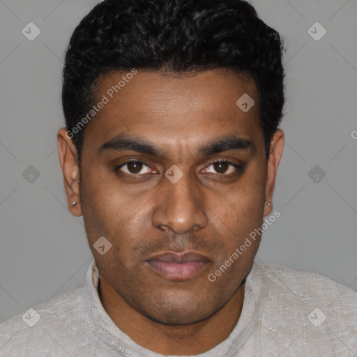 Neutral latino young-adult male with short  black hair and brown eyes