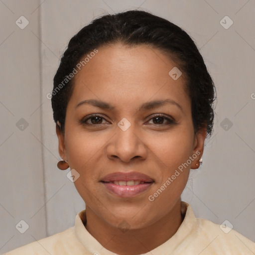 Joyful latino young-adult female with short  black hair and brown eyes