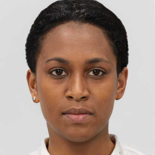 Neutral black young-adult female with short  brown hair and brown eyes