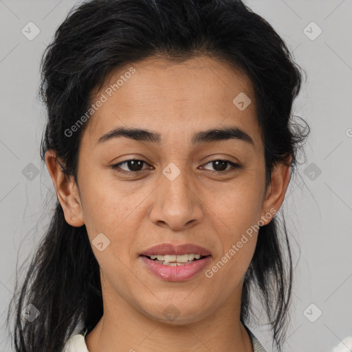 Joyful latino young-adult female with medium  brown hair and brown eyes