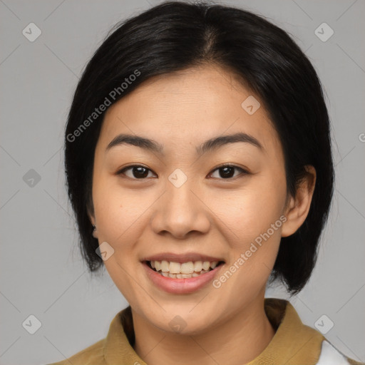 Joyful latino young-adult female with medium  black hair and brown eyes