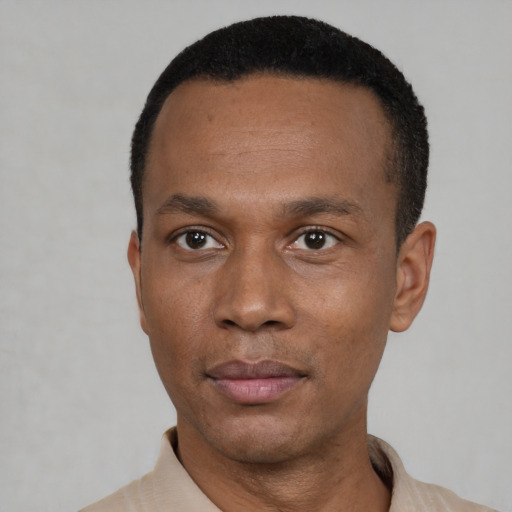 Neutral black young-adult male with short  black hair and brown eyes