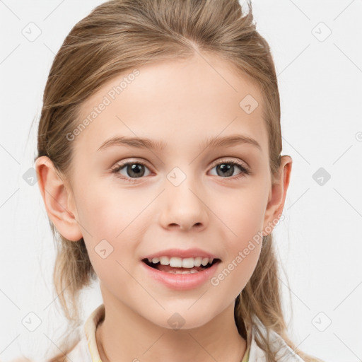 Joyful white child female with medium  brown hair and grey eyes