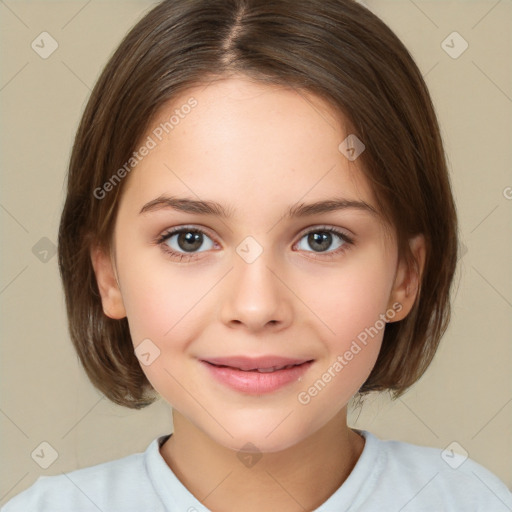 Joyful white child female with medium  brown hair and brown eyes