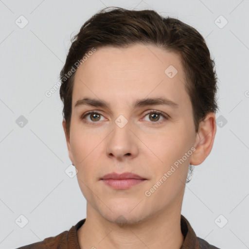 Neutral white young-adult male with short  brown hair and brown eyes