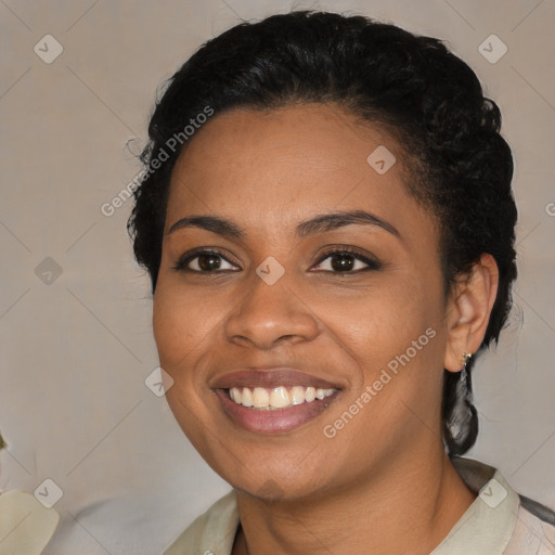 Joyful latino young-adult female with medium  black hair and brown eyes