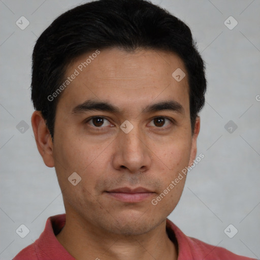 Neutral asian young-adult male with short  black hair and brown eyes